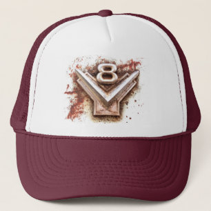 From classic car: Rusty old v8 emblem in chrome Trucker Hat
