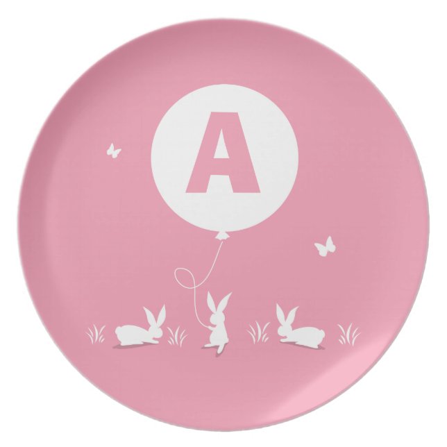 From Lucy: BUNNY BALLOON PINK | personalised kids Plate (Front)