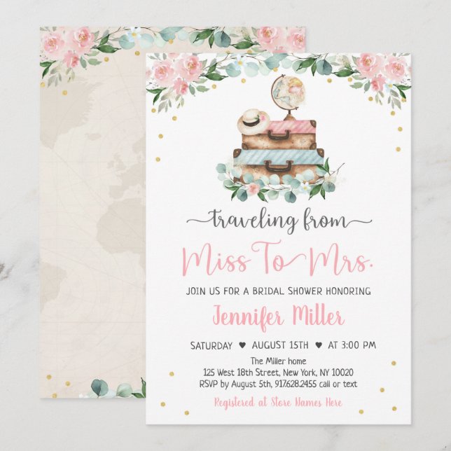 From Miss To Mrs Pink Floral Travel Bridal Shower Invitation (Front/Back)