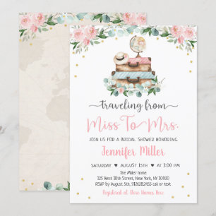From Miss To Mrs Pink Floral Travel Bridal Shower Invitation