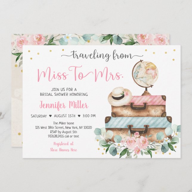 From Miss To Mrs Pink Floral Travel Bridal Shower  Invitation (Front/Back)
