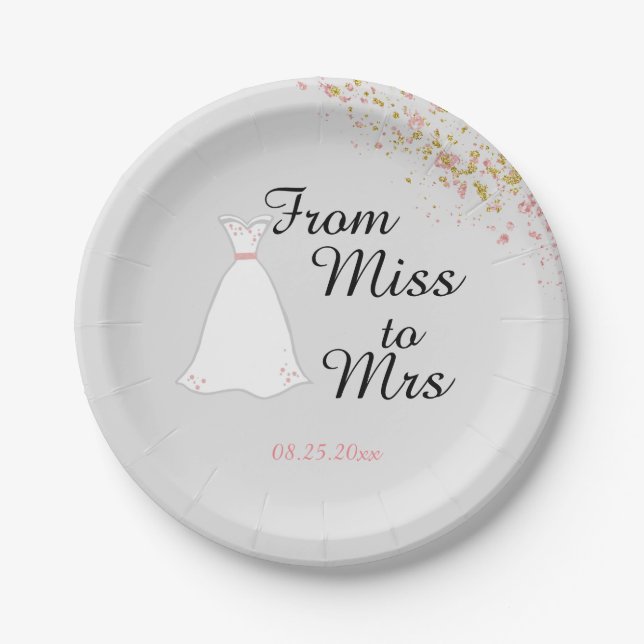From Miss to Mrs Pink Glitter Bridal Shower Paper Plate (Front)