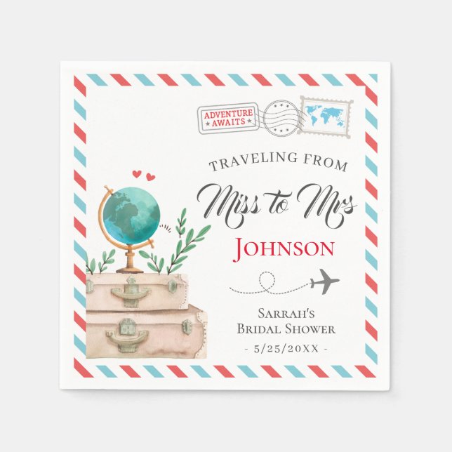 From Miss to Mrs Travel Suitcases Bridal Shower Napkin (Front)