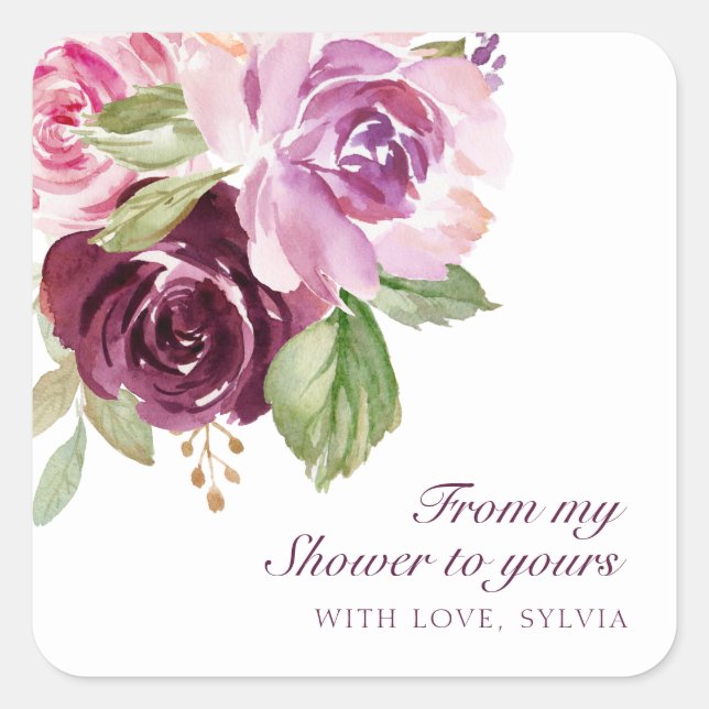 From My Shower To Yours Plum Floral Bridal Shower Square Sticker (Front)