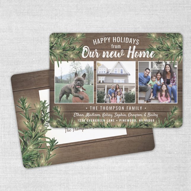 From New Home 3 Photo Christmas Greenery & Lights Holiday Card (Creator Uploaded)