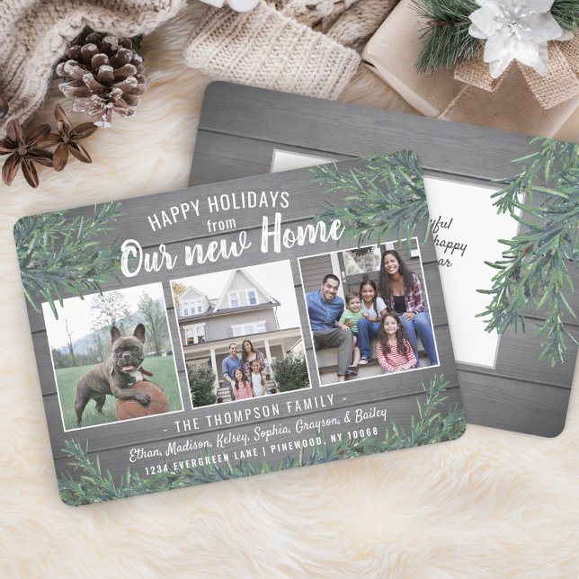 From New Home 3 Photo Christmas Greenery & Wood Holiday Card (Creator Uploaded)