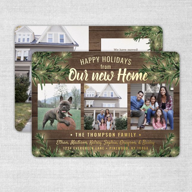 From New Home 4 Photo Christmas Greenery & Lights Foil Holiday Card (Creator Uploaded)