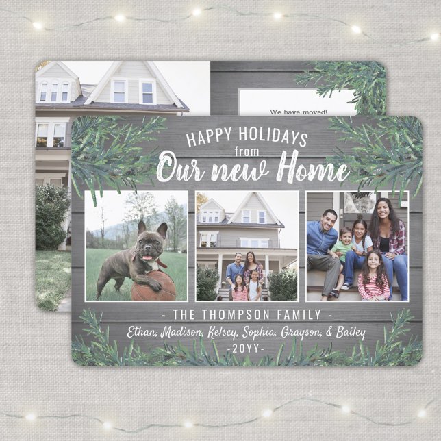 From New Home 4 Photo Christmas Greenery & Wood Holiday Card (Creator Uploaded)