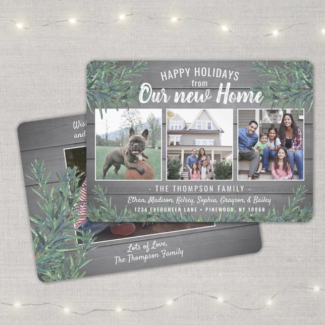From New Home Any Greeting 4 Photo Grey Wood Xmas Holiday Card (Creator Uploaded)