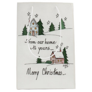 “From Our Home” Greeting Vintage Homes Watercolor  Medium Gift Bag