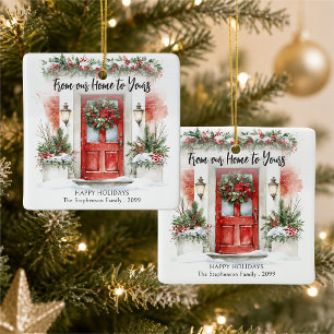 From Our Home To Yours Watercolor Red Door Ceramic Ornament