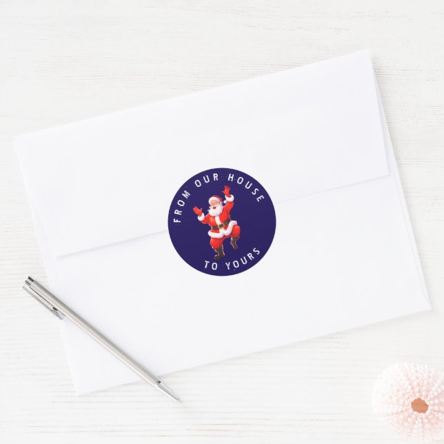 From Our House To Yours | Santa Dancing Blue Classic Round Sticker (Envelope)