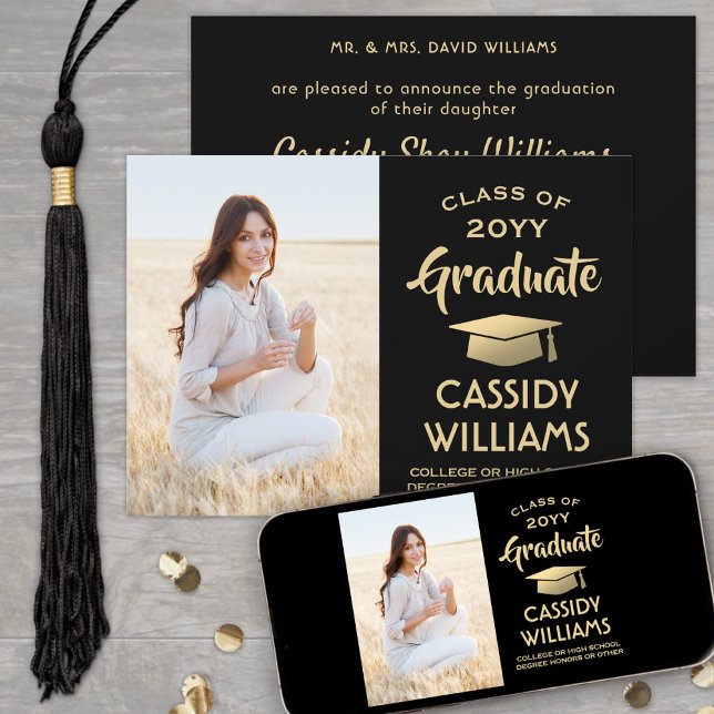 From Parents One Photo Black and Gold Graduation Announcement (Creator Uploaded)