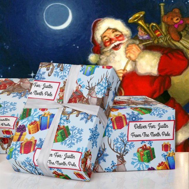From Santa Add Childs' Name Reindeer Sleigh Wrapping Paper (Creator Uploaded)