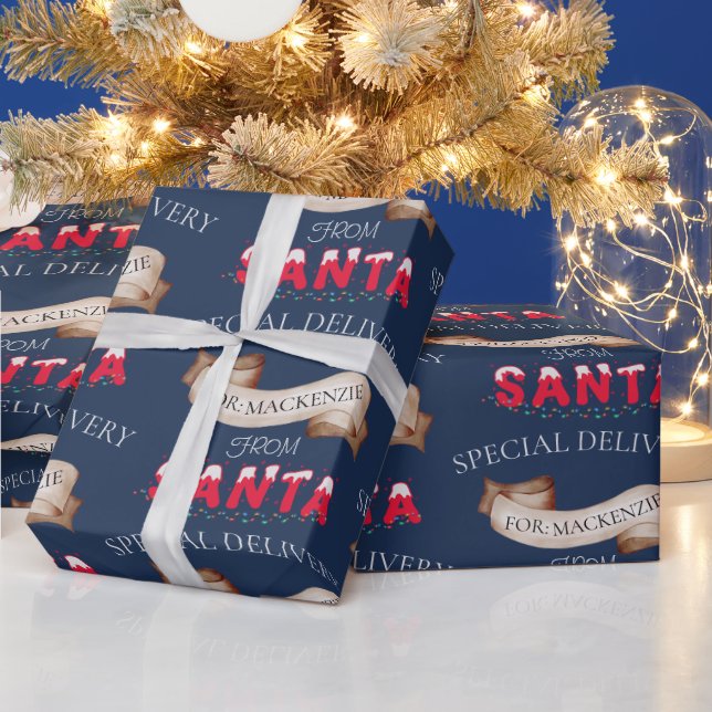 From Santa Your Name on Navy Blue Christmas Wrapping Paper (Holidays)