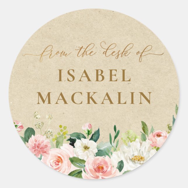 From The Desk Of Blush Pink Floral & Rustic Kraft Classic Round Sticker (Front)