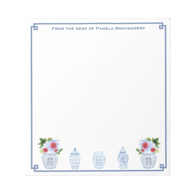 From The Desk Of | Chinoiserie Chic Red White Blue Notepad (Front)