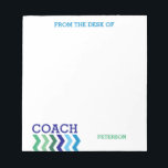 From The Desk Of Coach Masculine Chevron Trendy Notepad<br><div class="desc">From The Desk Of Coach Masculine Chevron Trendy Personalised Notepad. A fun customised gift for your favourite coach. Personalise these notes in shades of blue and green. Chevron stripe blues and greens underneath the word COACH in dark blue is perfect for a coach of any sport. Colourful personalised notepads for...</div>