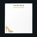 From The Desk of Gold Sequin High Heel Fashionista Notepad<br><div class="desc">From The Desk of Gold Sequin High Heel Fashionista Glam Notepad. Fun notepad for fashion lovers,  shoe lovers,  fashion bloggers or fashion designers. Faux gold sequin high heel shoe sparkles in the bottom corner. Personalise with name "from the desk of" or write in job title or other info. www.SamAnnDesigns.com</div>