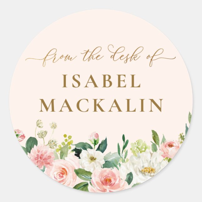 From The Desk Of Pale Blush Pink Floral Classic Round Sticker (Front)
