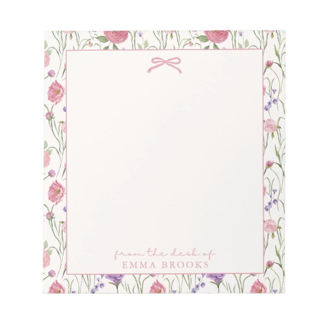 From the desk of, Pink bow, floral background Notepad (Front)