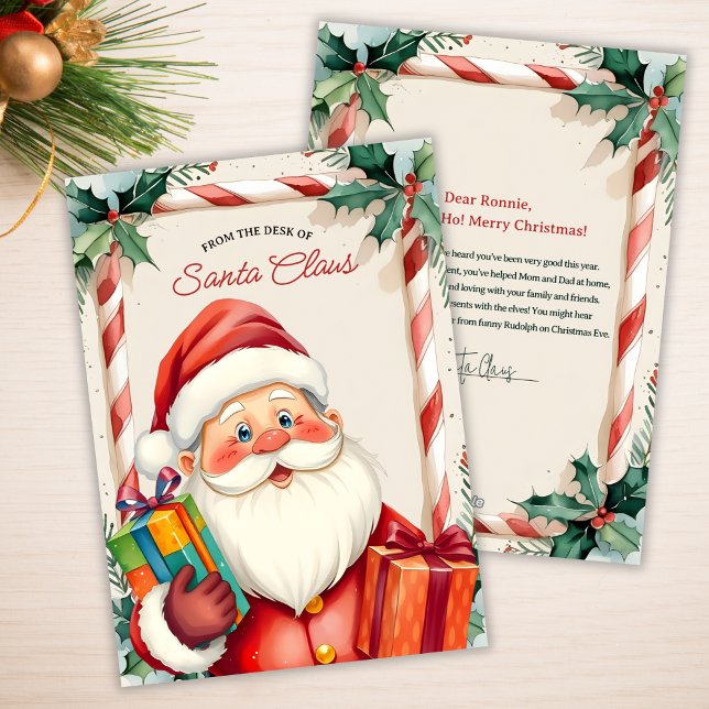 From the Desk of Santa Kids Christmas Note Letter Holiday Card (Personalized Letter from Santa – Candy Cane & Holly North Pole Stationery)
