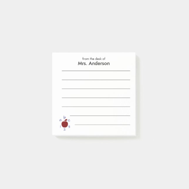 From the Desk of Teacher Name 123 ABC Apple Lined Post-it Notes (Front)