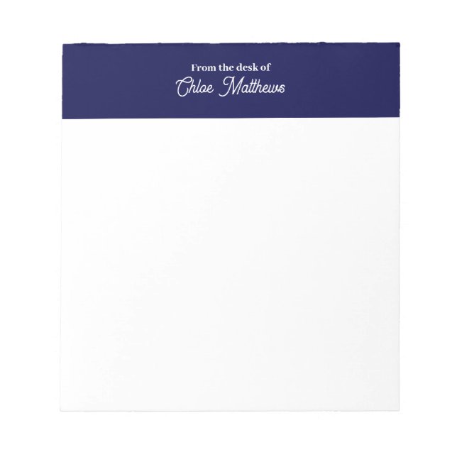 From The Desk Of White Script Navy Blue Border Notepad (Front)