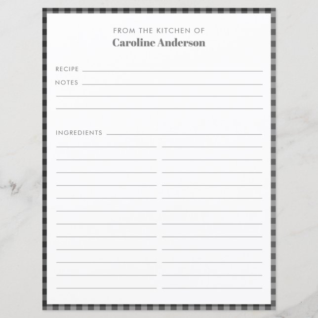 From The Kitchen | Black Grey Plaid Recipe Page (Front)