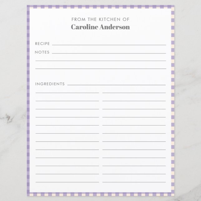 From The Kitchen | Lilac Plaid Recipe Page (Front)