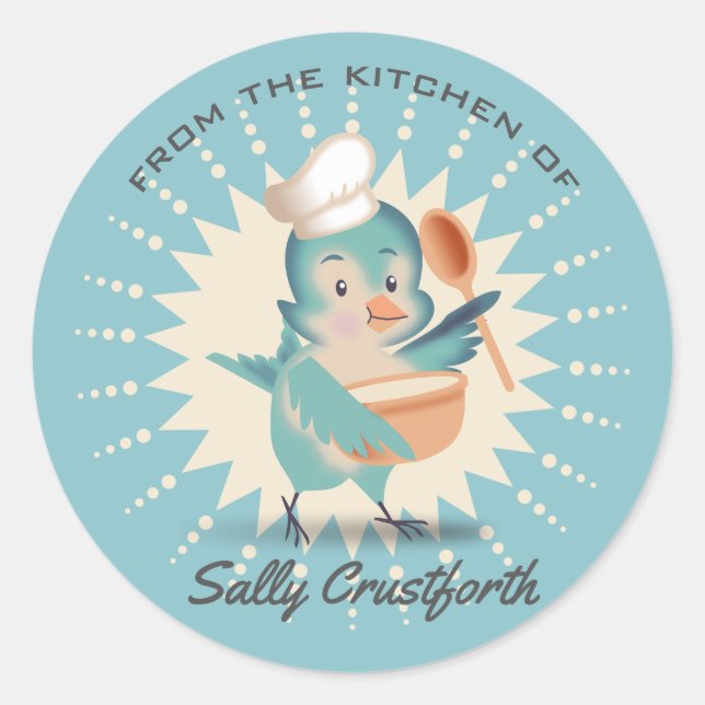 From the kitchen of cute bird chef mixing bowl classic round sticker (Front)