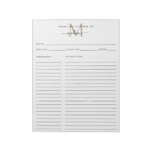 From the Kitchen Of Gold Monogram Recipe Sheet Notepad