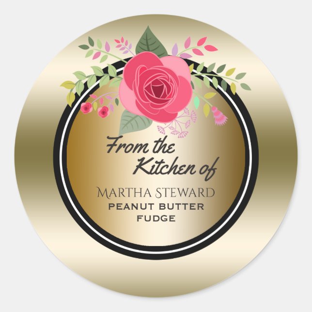 From the Kitchen of Name Elegant Gold Pink Floral Classic Round Sticker (Front)