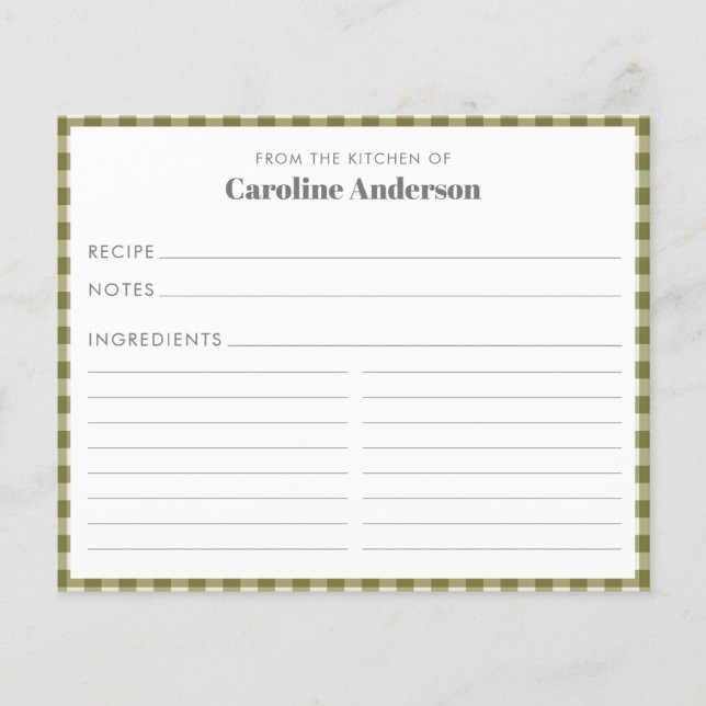 From The Kitchen of Olive Green Plaid Recipe Card  (Front)