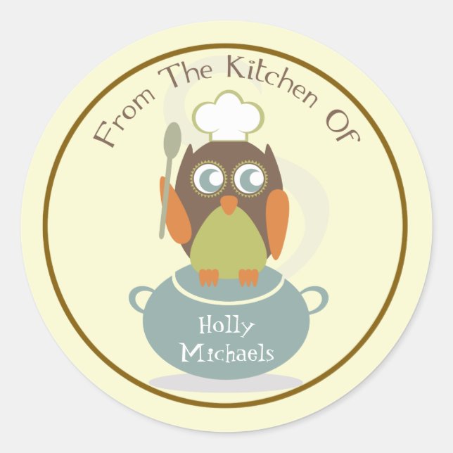 From The Kitchen Of...Owl With Chef's Hat & Spoon Classic Round Sticker (Front)
