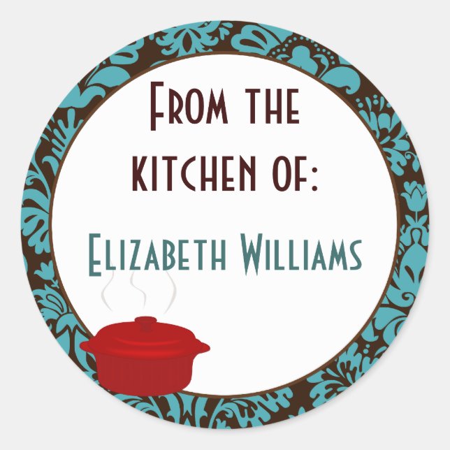 From The Kitchen of Teal Brown Damask Classic Round Sticker (Front)
