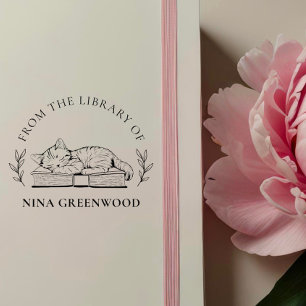 From the Library Of Cat on Book & Elegant Leaves Rubber Stamp