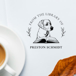 From the Library Of   Dog with Book Elegant Leaves Rubber Stamp