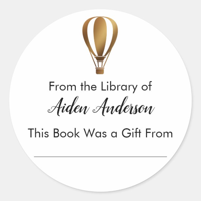 From the Library of Gold Hot Air Balloon Bookplate Classic Round Sticker (Front)
