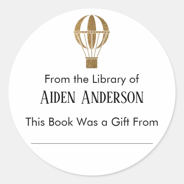 From the Library of Gold Hot Air Balloon Bookplate Classic Round Sticker (Front)