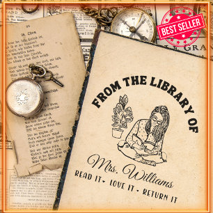 From The Library Of Reading Girl Vintage Book Self-inking Stamp