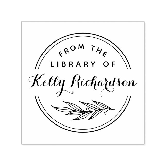 From The Library Of | Round Rustic Script & Branch Self-inking Stamp (Design)