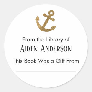 From the Library of Simple Gold Anchor Bookplate Classic Round Sticker