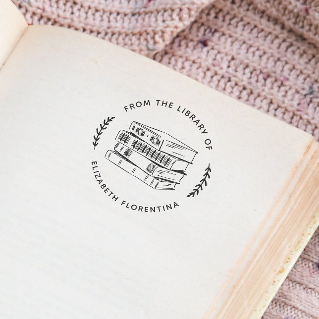 From The Library Of | Simple Leaves Modern Book Rubber Stamp (Stamp Mockup)