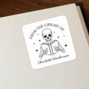 From The Library Of Skeleton Reading Bookplate Square Sticker