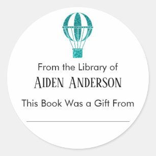 From the Library of Teal Hot Air Balloon Bookplate Classic Round Sticker