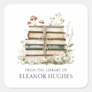 From The Library Of Watercolor Floral Bookplate Square Sticker