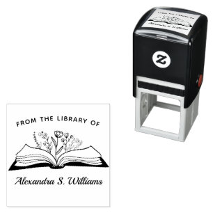 From The library of Your Name Opened Book Flower Self-inking Stamp