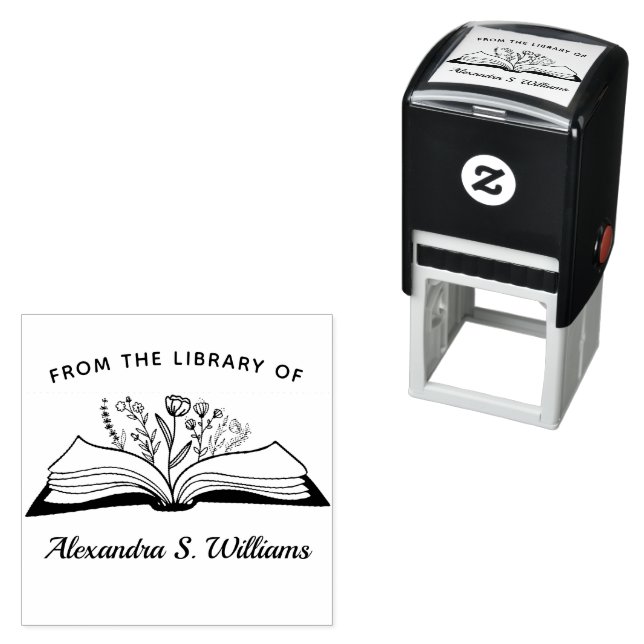 From The library of Your Name Opened Book Flower Self-inking Stamp (In Situ)