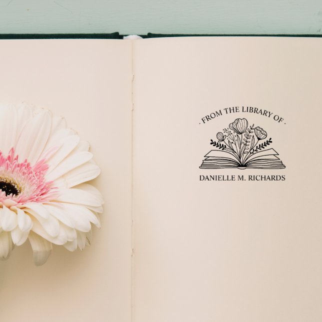FROM THE LIBRARY OF YOUR NAME OPENED BOOK FLOWERS RUBBER STAMP (FROM THE LIBRARY OF BOOK PLATE WITH TEMPLATE FOR YOUR NAME AND ILLUSTRATION OF OPENED BOOK  FLOWERS)